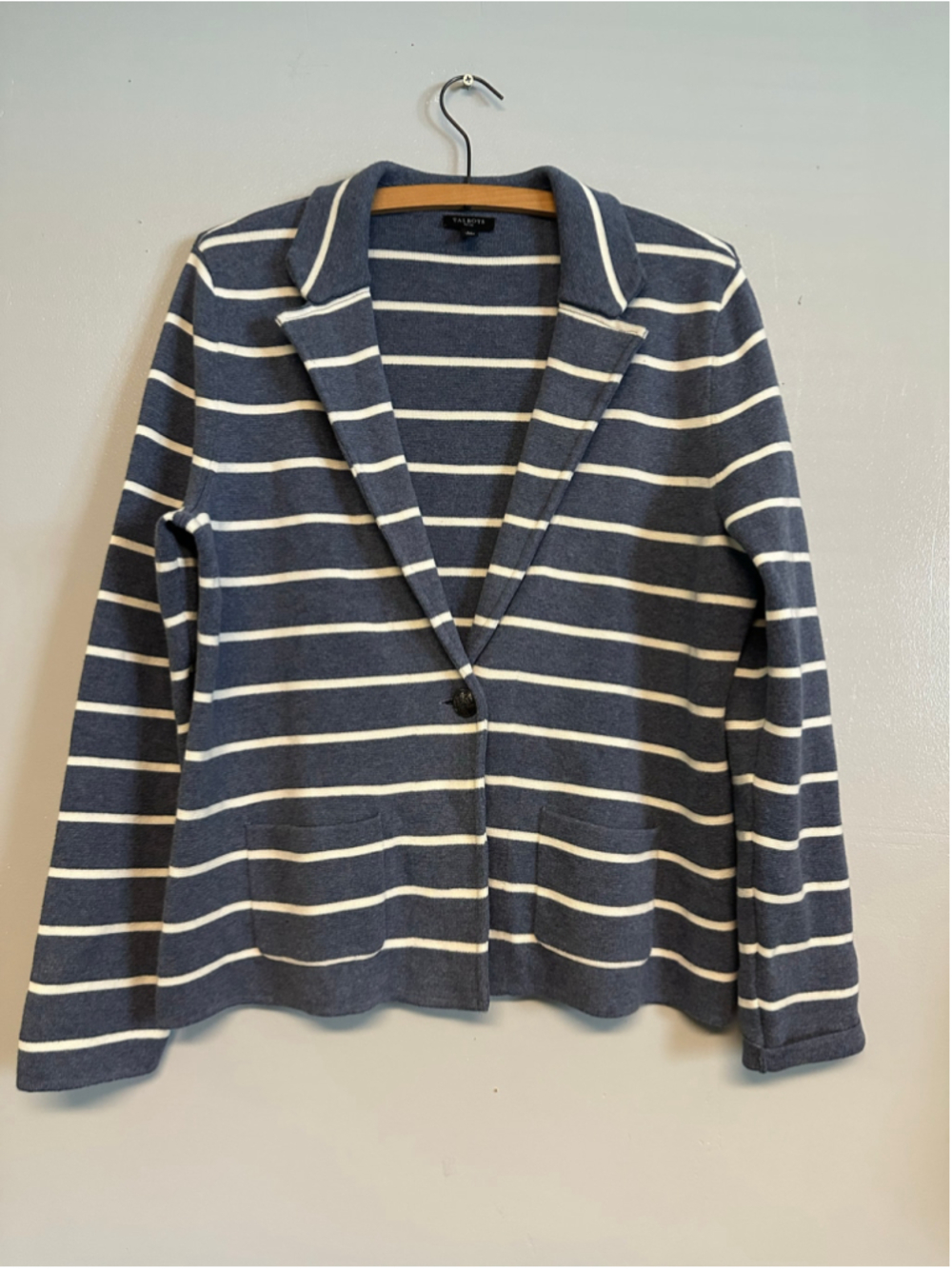 Talbots Blazer Jacket Striped Knit Blue White Size Large Petite Notched Lapel